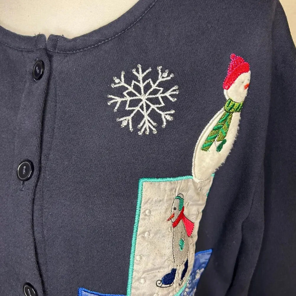 Karen Scott sport snowman applique button down navy fleece sweater size 1X - Picture 2 of 9